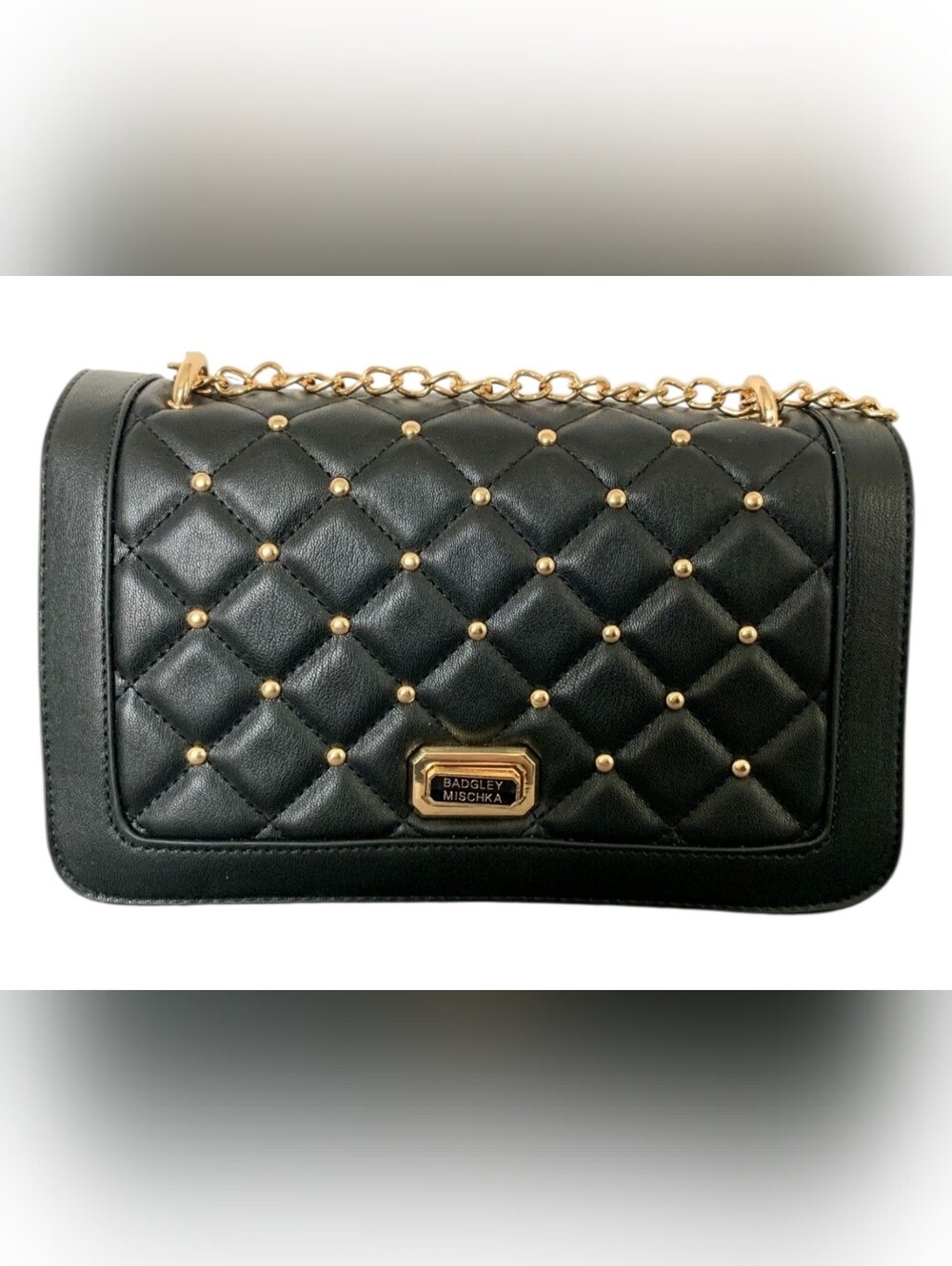 Badgley Mischka NWT Diamond Quilted & Studded Crossbody with Gold Chain - Picture 2 of 6